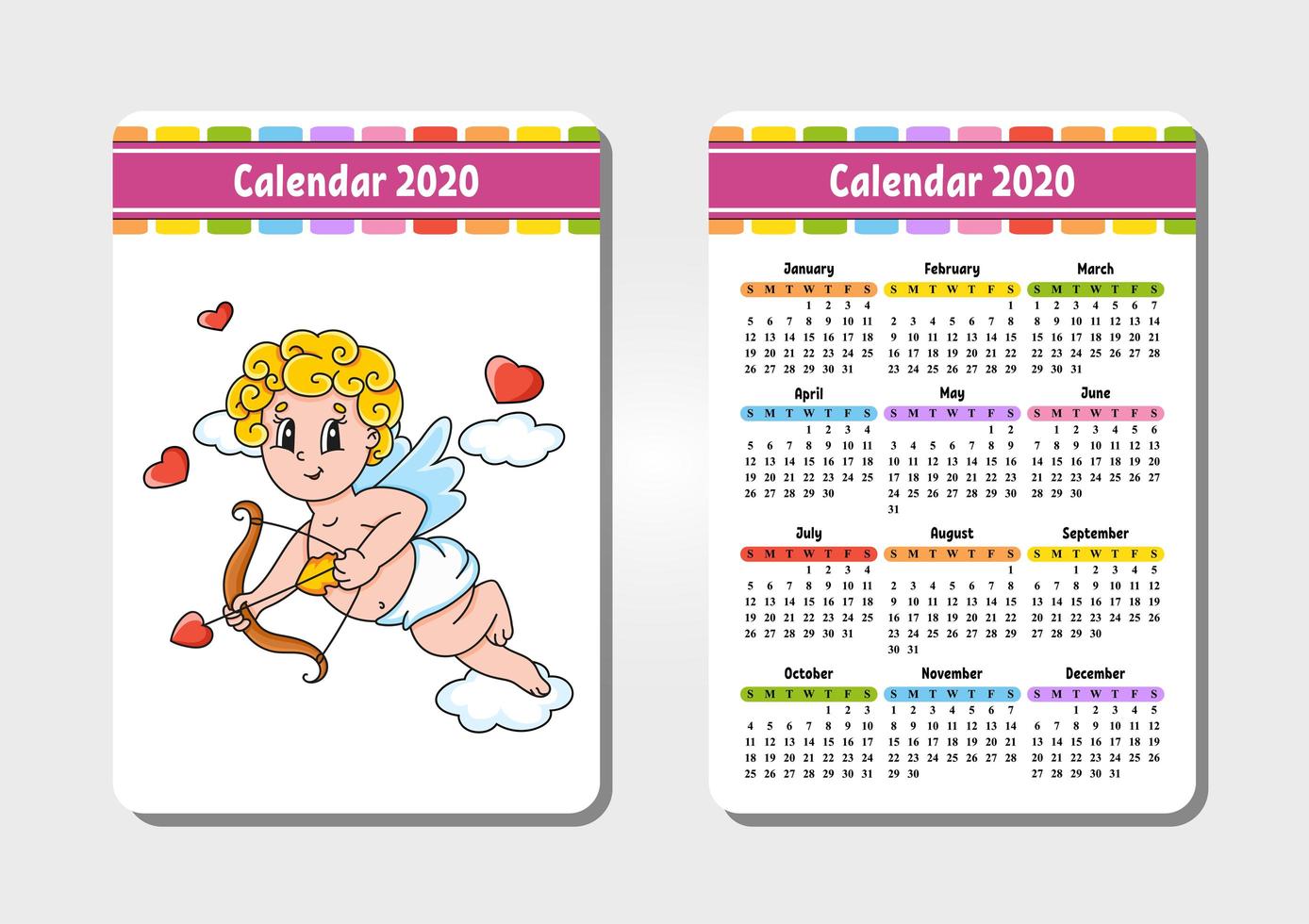 calendario para 2020 con un lindo personaje. tamano de bolsillo. diseño divertido y brillante. ilustración vectorial aislada. estilo de dibujos animados. vector