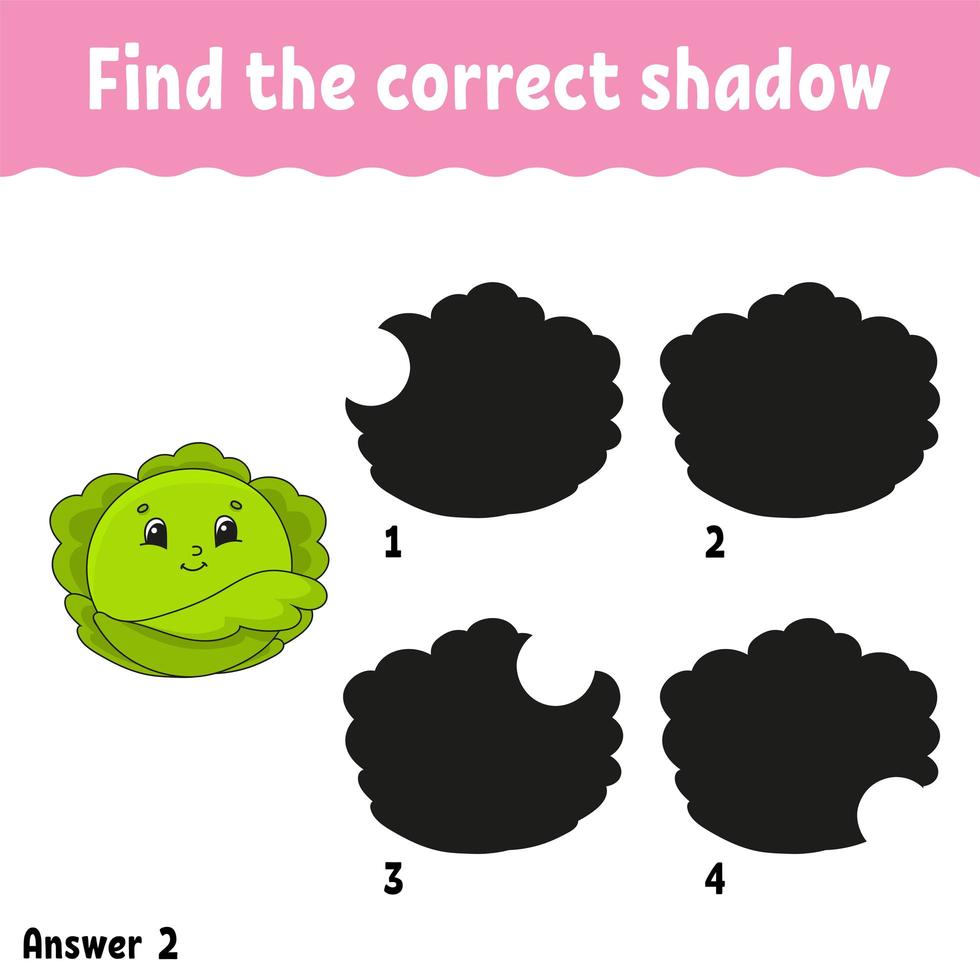 Find the correct shadow cabbage. Education developing worksheet. Matching game for kids. Activity page. Puzzle for children. Cartoon character. Isolated vector illustration.