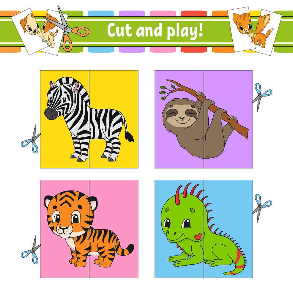 Cut and play. Flash cards. Color puzzle. Education developing worksheet. Activity page. Game for children. Funny character. Isolated vector illustration. Cartoon style.