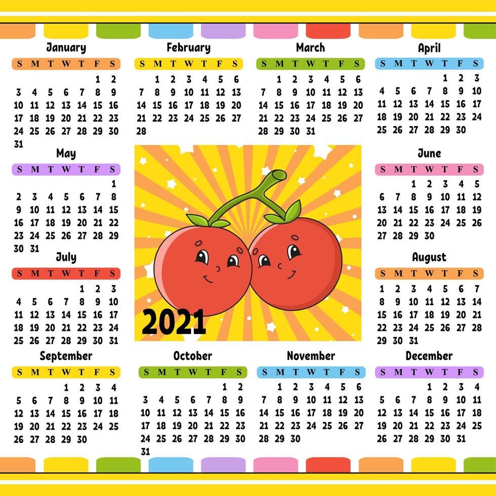 Calendar for 2021 with a cute character. Fun and bright design. Isolated color vector illustration. Cartoon style.