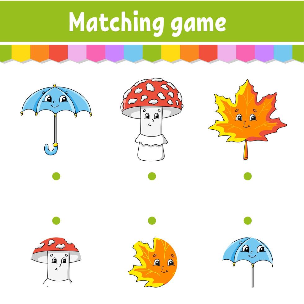Matching game for kids. Education developing worksheet. Draw a line. Activity page. Cartoon character. Autumn theme. vector