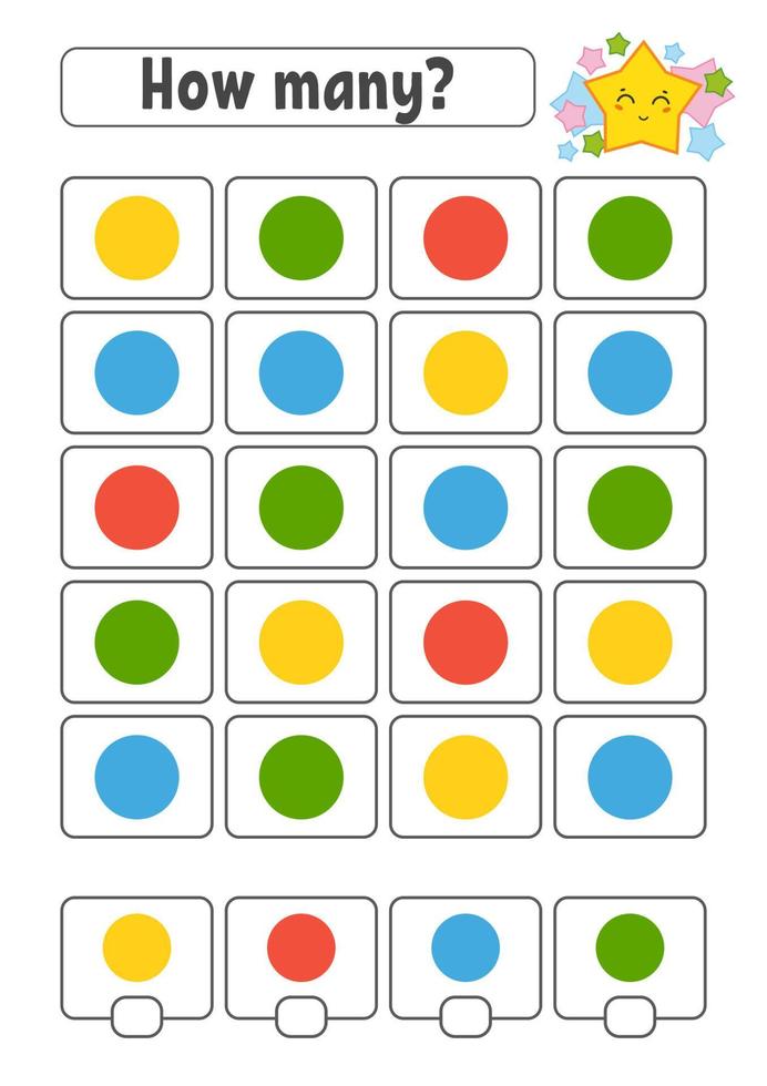 Counting game for children. Happy characters. Learning mathematics. How many object in the picture. Education worksheet. With space for answers. Isolated vector illustration in cute cartoon style.