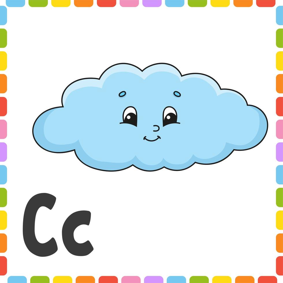 alfabeto divertido. letra c - nube. tarjetas flash cuadradas abc. personaje de dibujos animados aislado sobre fondo blanco. para la educación de los niños. desarrollo de la hoja de trabajo. aprender letras. ilustración vectorial de color. vector