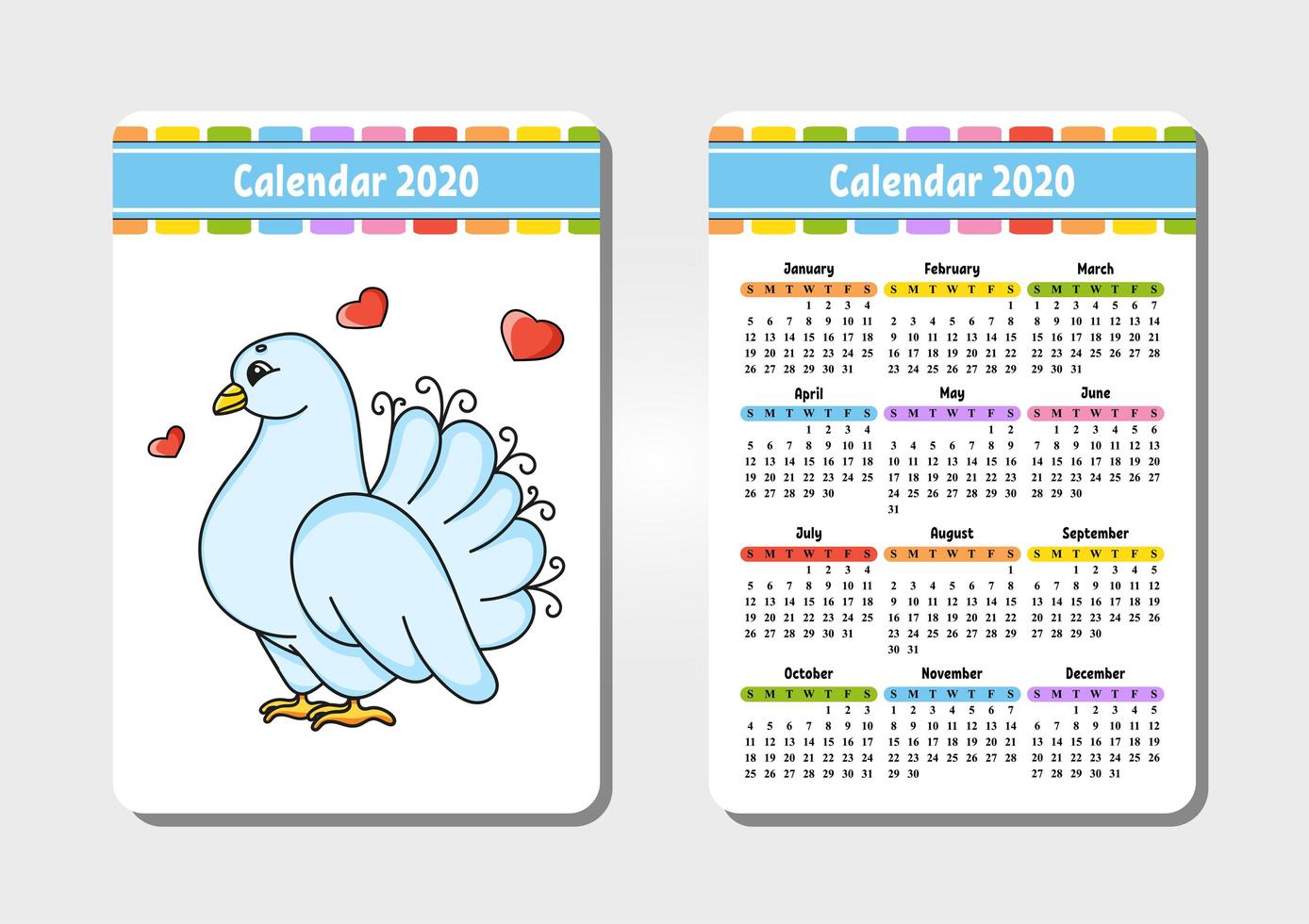 Calendar for 2020 with a cute character. Pocket size. Fun and bright design. Isolated vector illustration. Cartoon style.