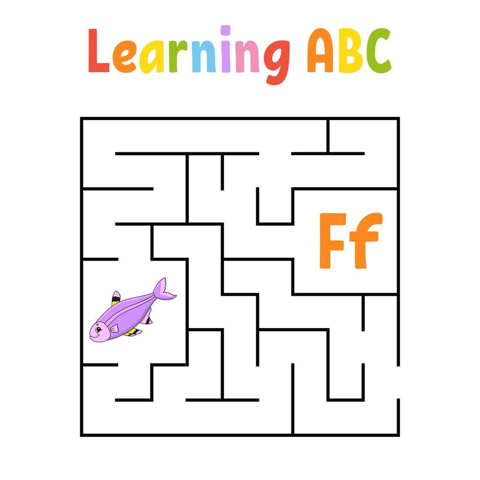 Square maze. Game for kids. Fish. Quadrate labyrinth. Education worksheet. Activity page. Learning English alphabet. Cartoon style. Find the right way. Color vector illustration.