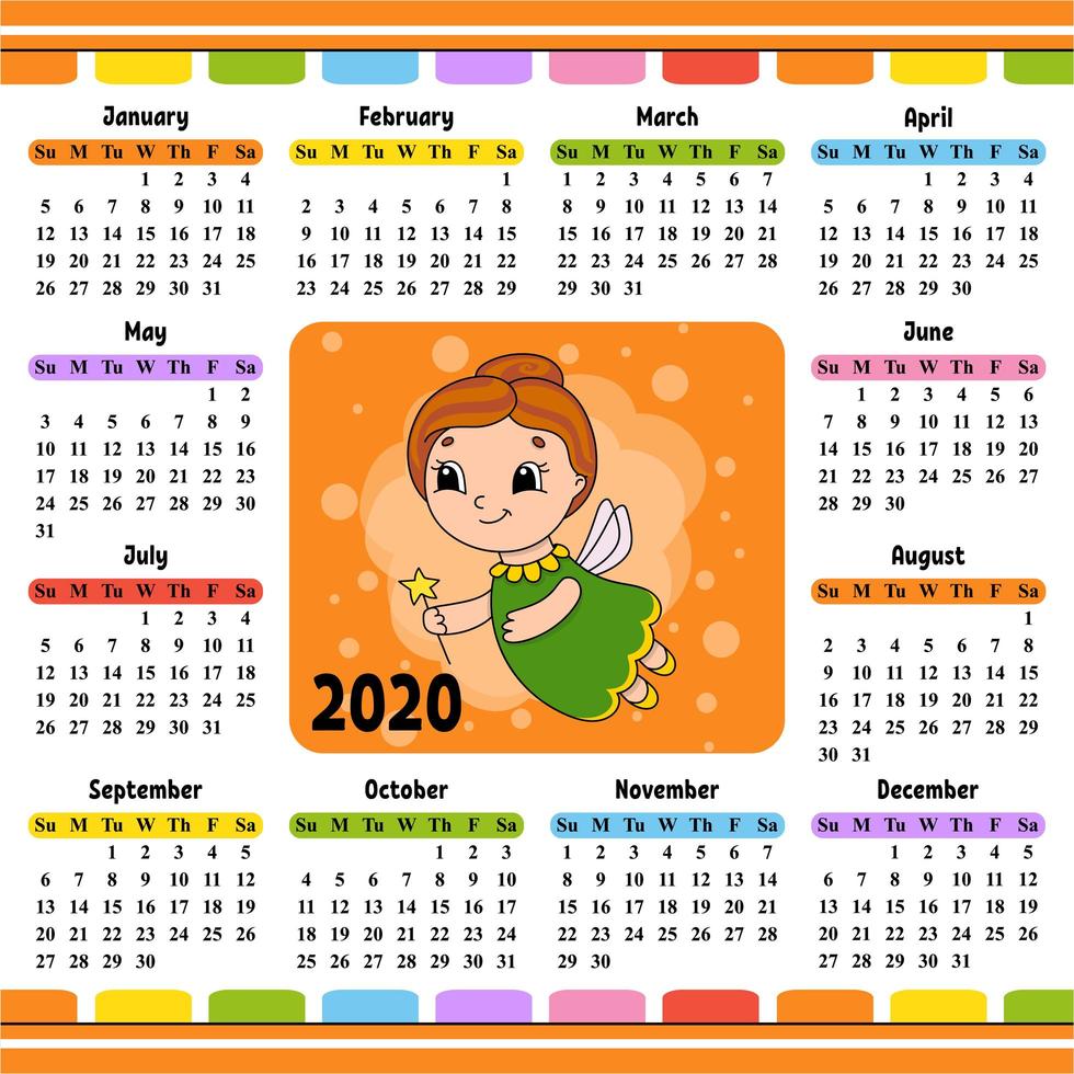 anciana hada de los dientes con un vestido con alas y una varita mágica. calendario para 2020 con un lindo personaje. diseño divertido y brillante. Ilustración de vector de color aislado. estilo de dibujos animados.