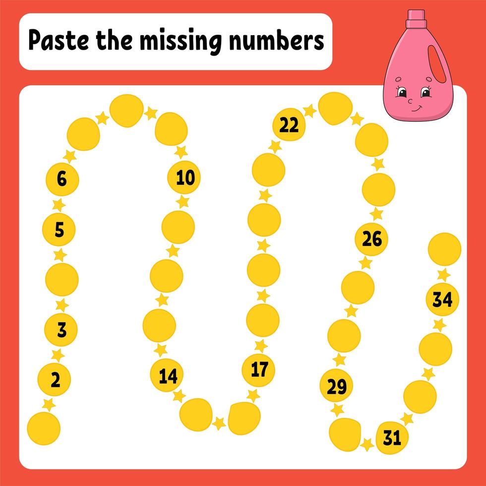 Paste the missing numbers. Handwriting practice. Learning numbers for kids. Education developing worksheet. Color activity page. Wash detergent. Isolated vector illustration in cartoon style.
