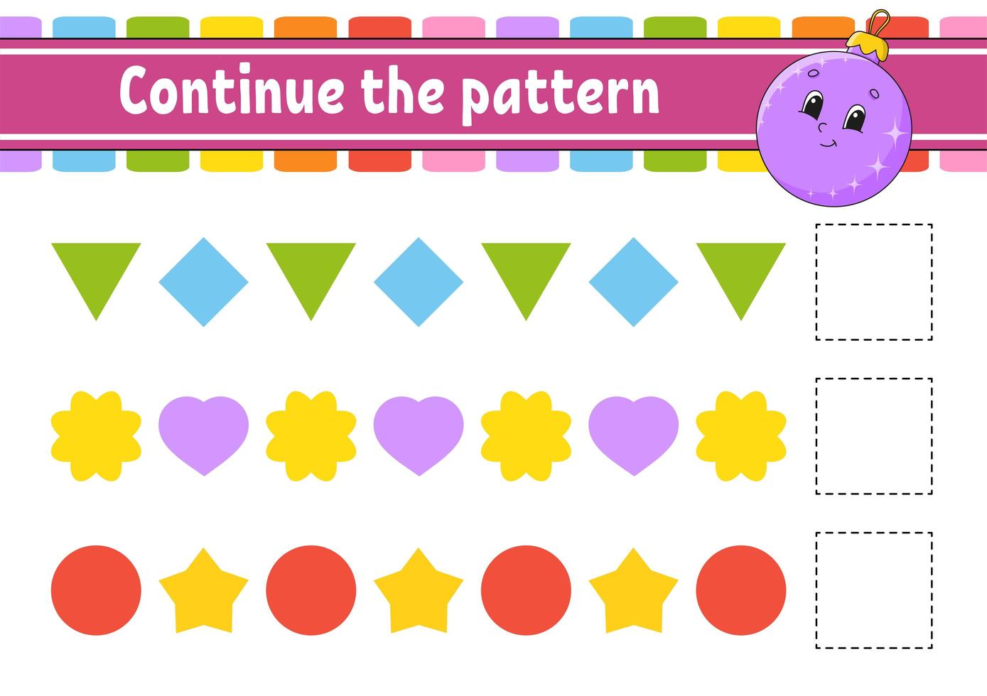 Continue the pattern. Education developing worksheet. Game for kids. Activity page. Puzzle for children. Riddle for preschool. Flat isolated vector illustration. Cute cartoon style.