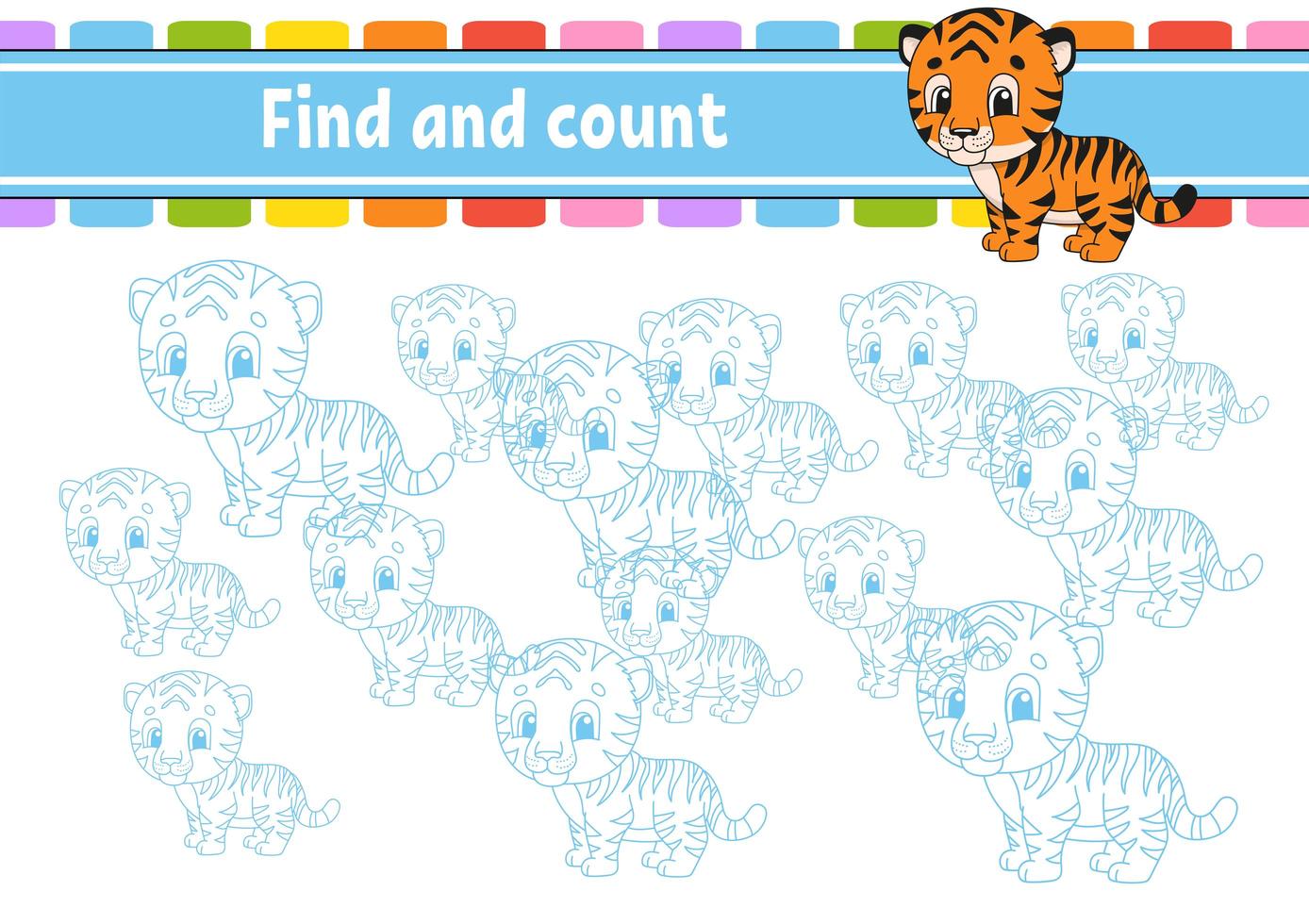 Find and count. Education developing worksheet. Activity page with pictures. Puzzle game for children. Logical thinking training. Isolated vector illustration. Funny character. Cartoon style.