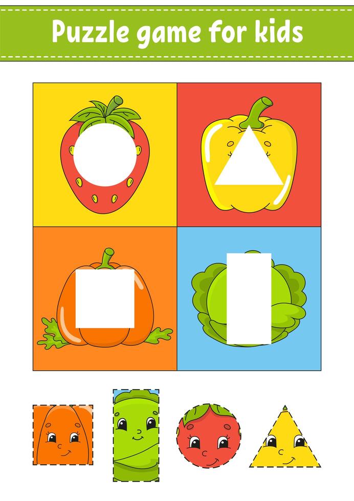 Puzzle game for kids. Cutting practice. Fruits and vegetables. Education developing worksheet. Activity page.Cartoon character. vector