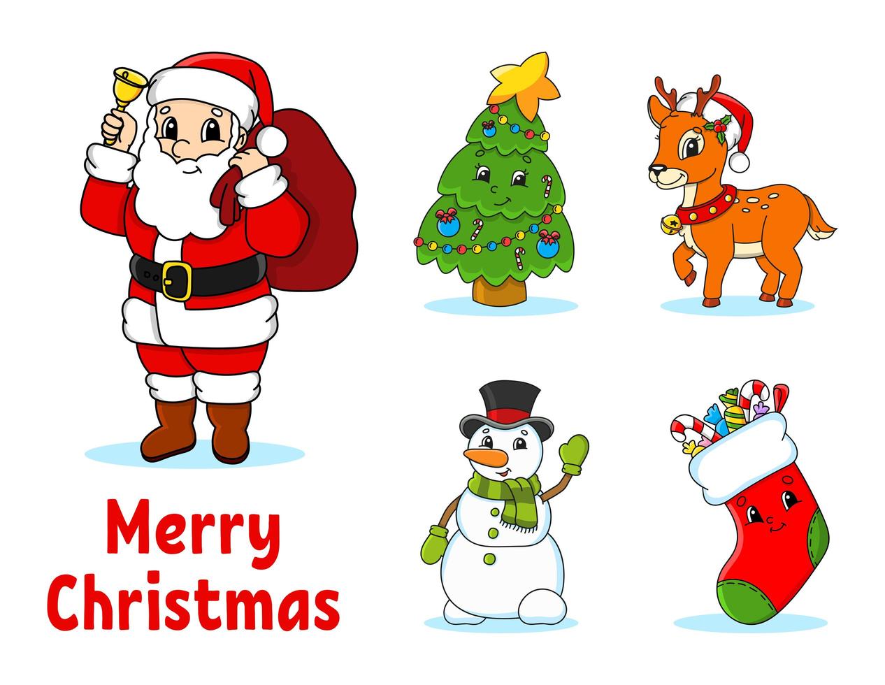 Set of cartoon characters. Fairytale tree, Santa Claus with gifts, cute deer, snowman, sock with gifts and sweets. Happy New Year and Merry Christmas. Hand drawn. Color vector isolated illustration.