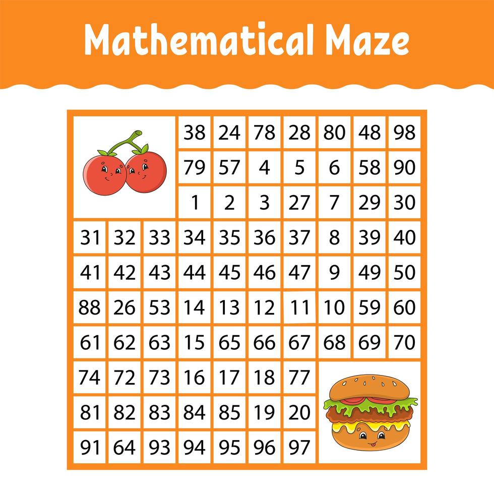 Mathematical square maze. Game for kids. Number labyrinth. Education worksheet. Activity page. Puzzle for children. Cartoon characters. Color vector illustration.