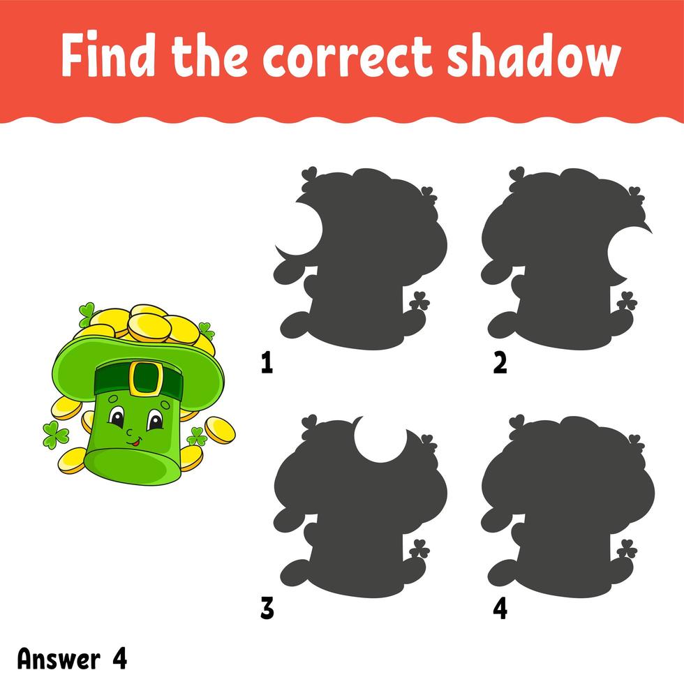 Find the correct shadow. Education developing worksheet. Matching game for kids. Activity page. Puzzle for children. Cartoon character. Isolated vector illustration. St. Patrick's day.