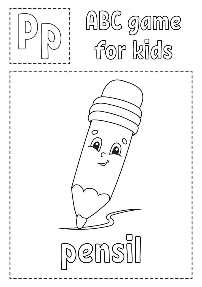 Letter P is for pensil . ABC game for kids. Alphabet coloring page. Cartoon character. Word and letter. Vector illustration.