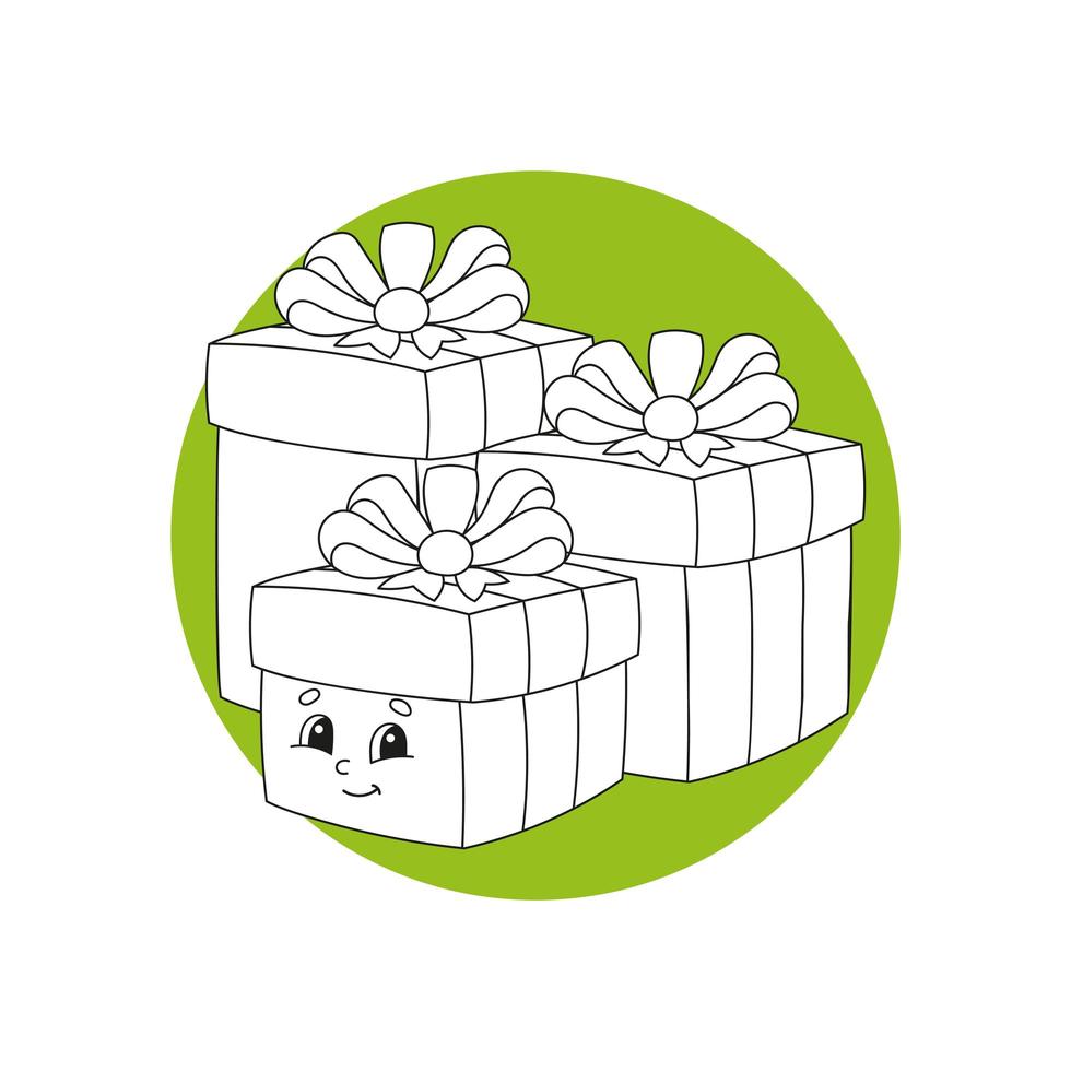 cajas navideñas con regalos decorados con cintas con moños. Página para colorear en blanco y negro para niños. personaje de dibujos animados lindo. Ilustración aislada de vector plano.