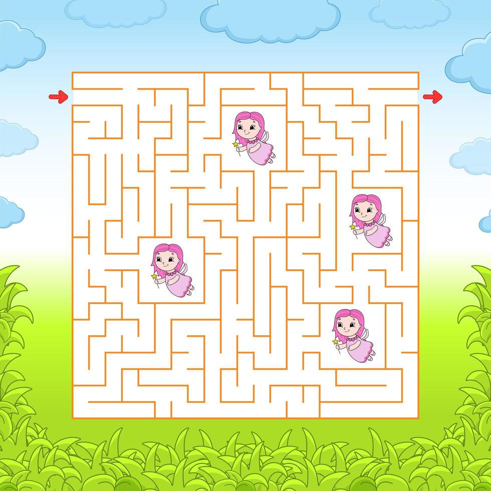 Square maze. Game for kids. Puzzle for children. Labyrinth conundrum. Color vector illustration. Find the right path. Isolated vector illustration. Cartoon character.