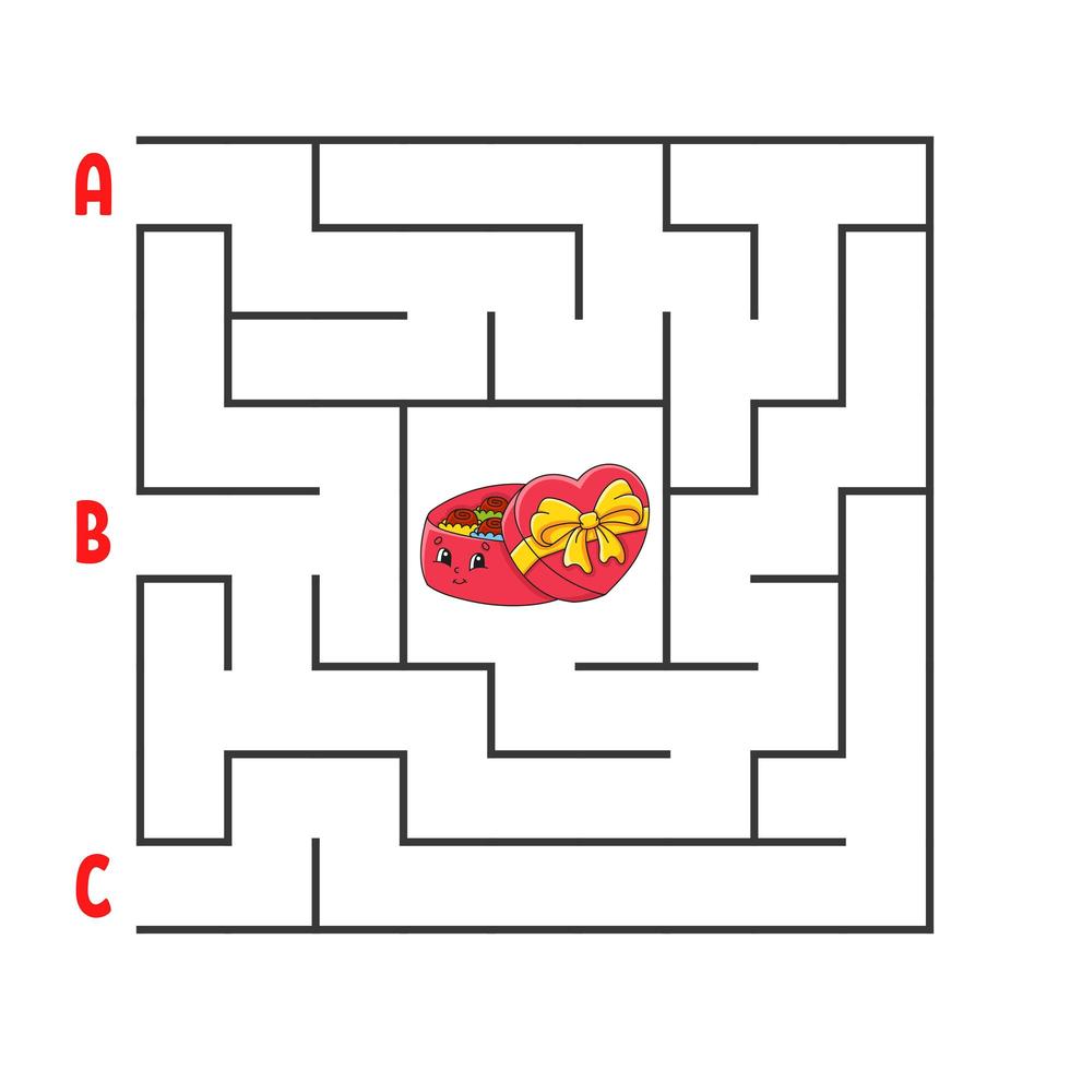 laberinto cuadrado. juego para niños. rompecabezas para niños. caja de dulces de personaje de dibujos animados. enigma del laberinto. ilustración vectorial de color. encuentra el camino correcto. el desarrollo del pensamiento lógico y espacial. vector