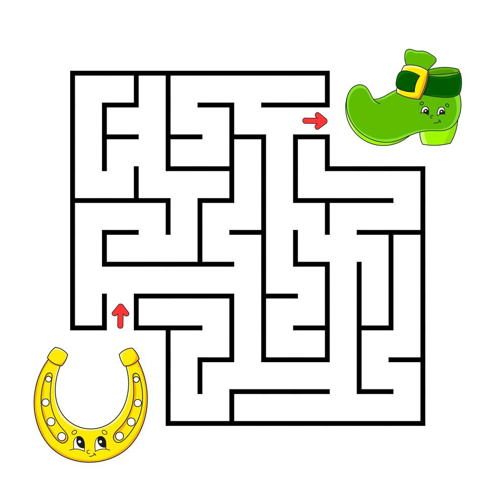 Square maze. Horseshoe and boot. Game for kids. Puzzle for children. Labyrinth conundrum. Color vector illustration. Isolated vector illustration. Cartoon character.