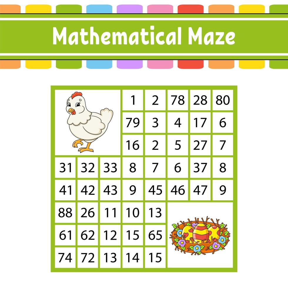 Mathematical maze. Game for kids. Number labyrinth. Education developing worksheet. Activity page. Puzzle for children. Cartoon characters. Easter theme. Color vector illustration