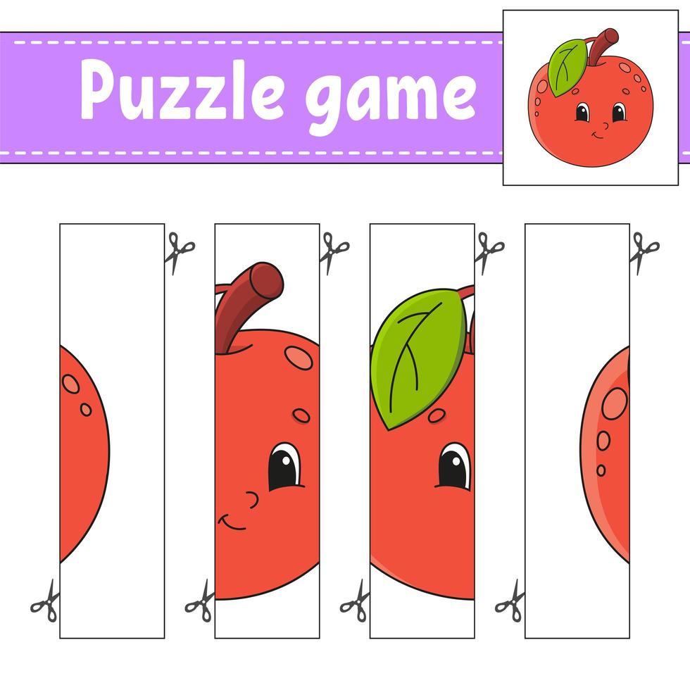 Puzzle game for kids. Fruit apple. Cutting practice. Education developing worksheet. Activity page.Cartoon character. vector