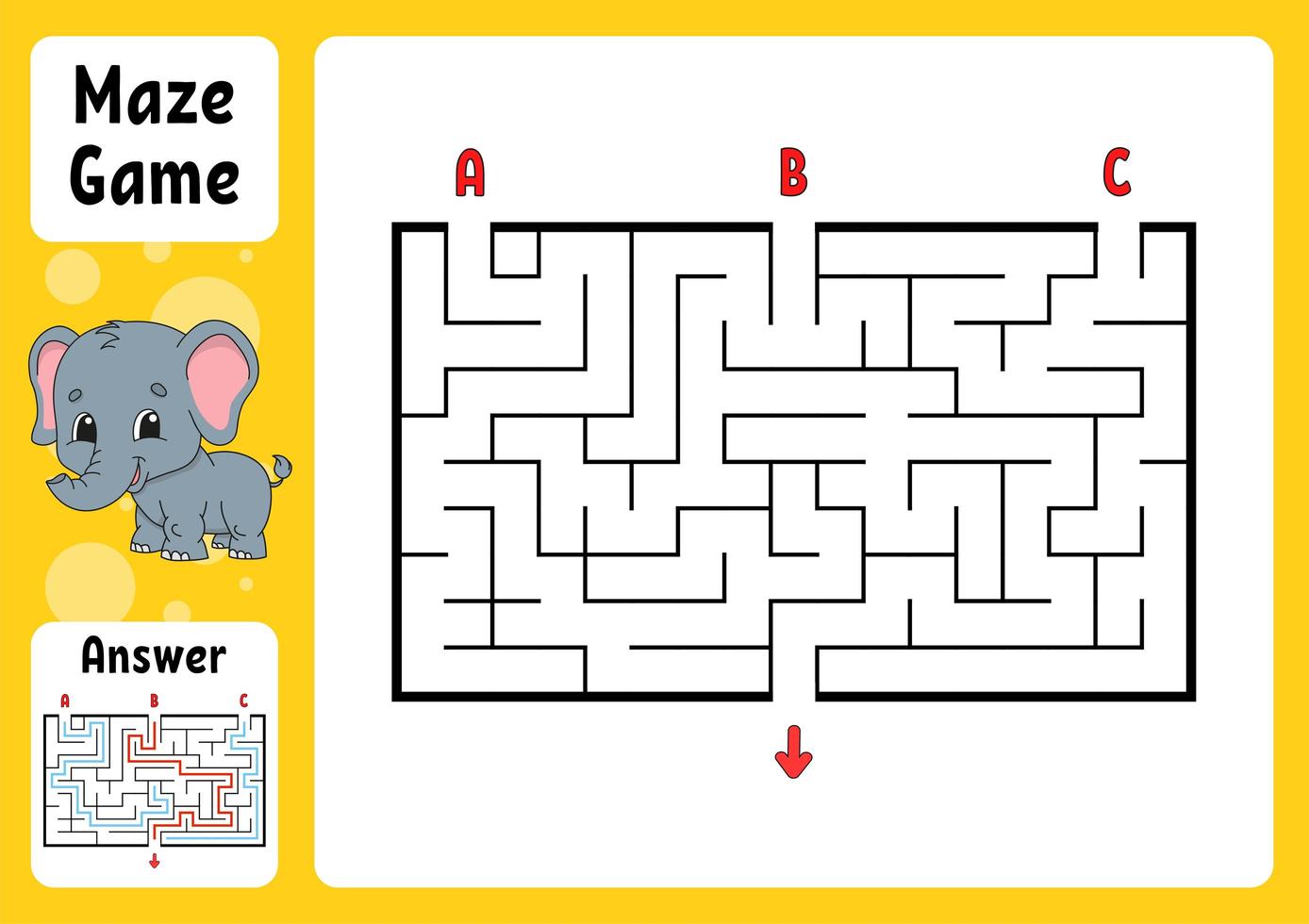 Rectangle maze. Game for kids. Three entrances, one exit. Puzzle for children. Labyrinth conundrum. Color vector illustration. Find the right path. With answer. Cartoon character. Education worksheet.