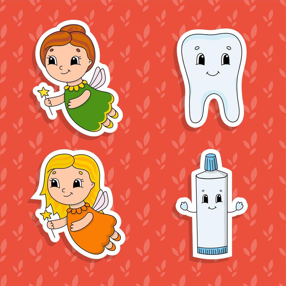 Set of bright color stickers for kids. Cute cartoon characters. Vector illustration isolated on color background.