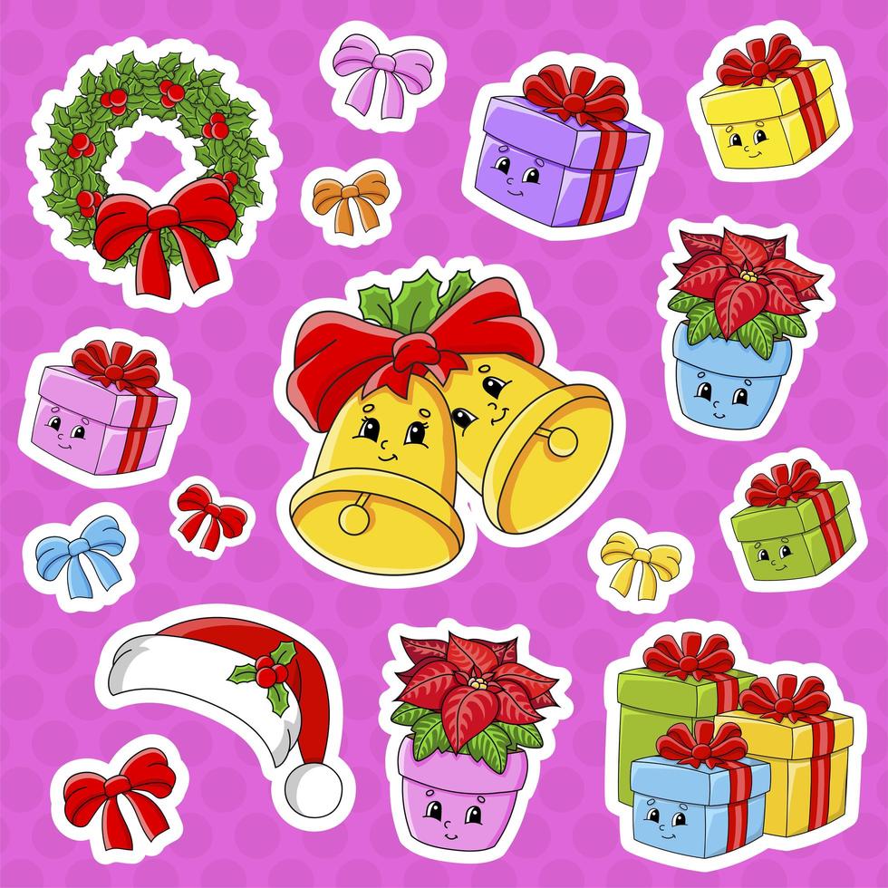 conjunto de pegatinas con lindos personajes de dibujos animados. tema de navidad. dibujado a mano. paquete de colores. ilustración vectorial. colección de insignias de parche. elementos de diseño de etiquetas. para planificador diario, diario, organizador. vector