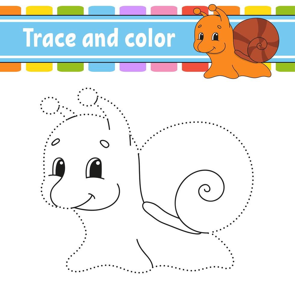 Trace and color. Snail mollusk. Coloring page for kids. Handwriting practice. Education developing worksheet. Activity page. Game for toddlers. Isolated vector illustration. Cartoon style.