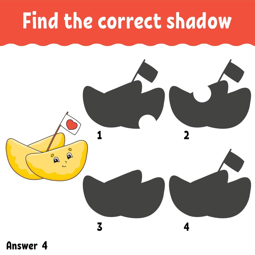 Find the correct shadow. Education developing worksheet. Matching game for kids. Activity page. Puzzle for children. Cartoon character. Isolated vector illustration.