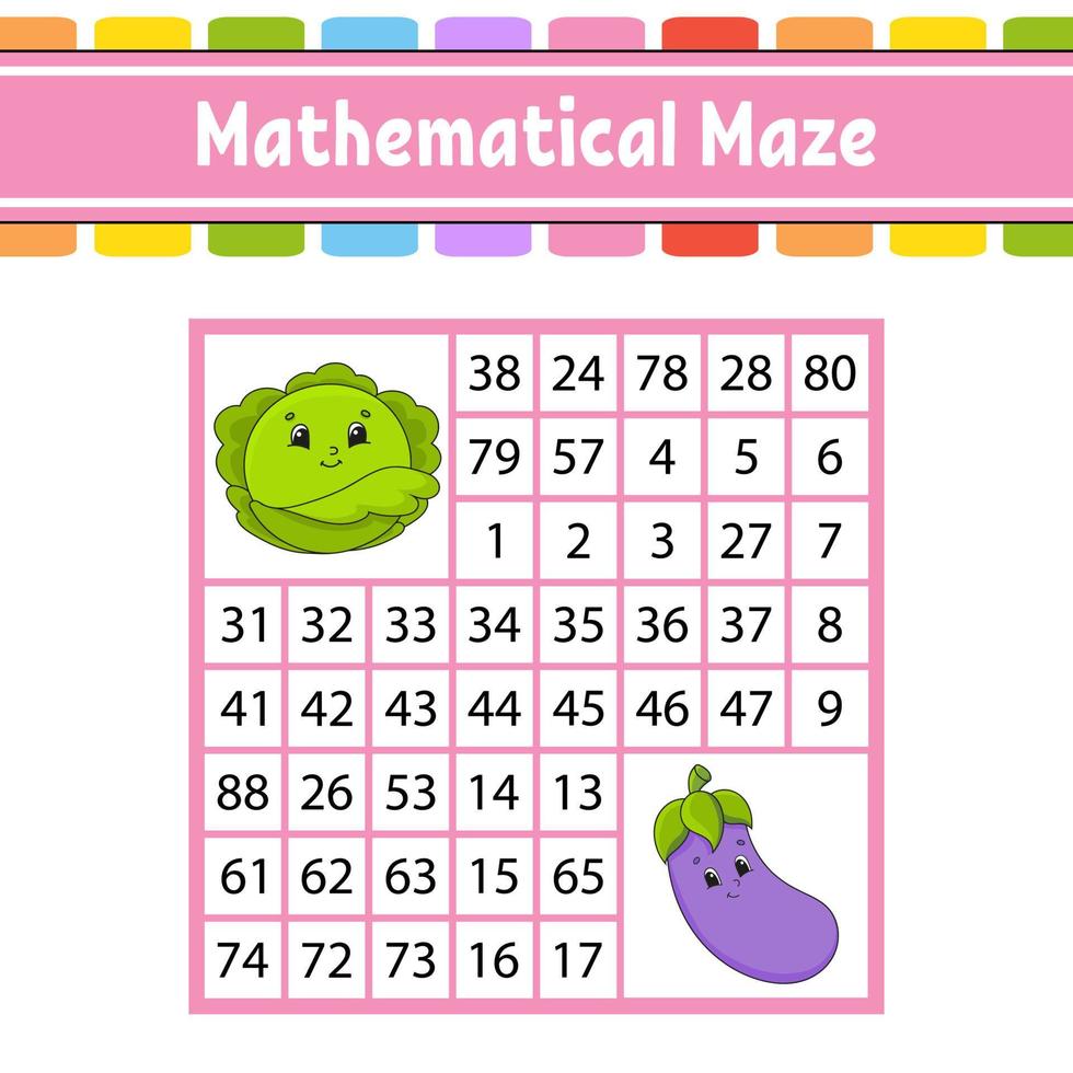 Mathematical maze. Game for kids. Number labyrinth. Education developing worksheet. Activity page. Puzzle for children. Cartoon characters. Riddle for preschool. Color vector illustration