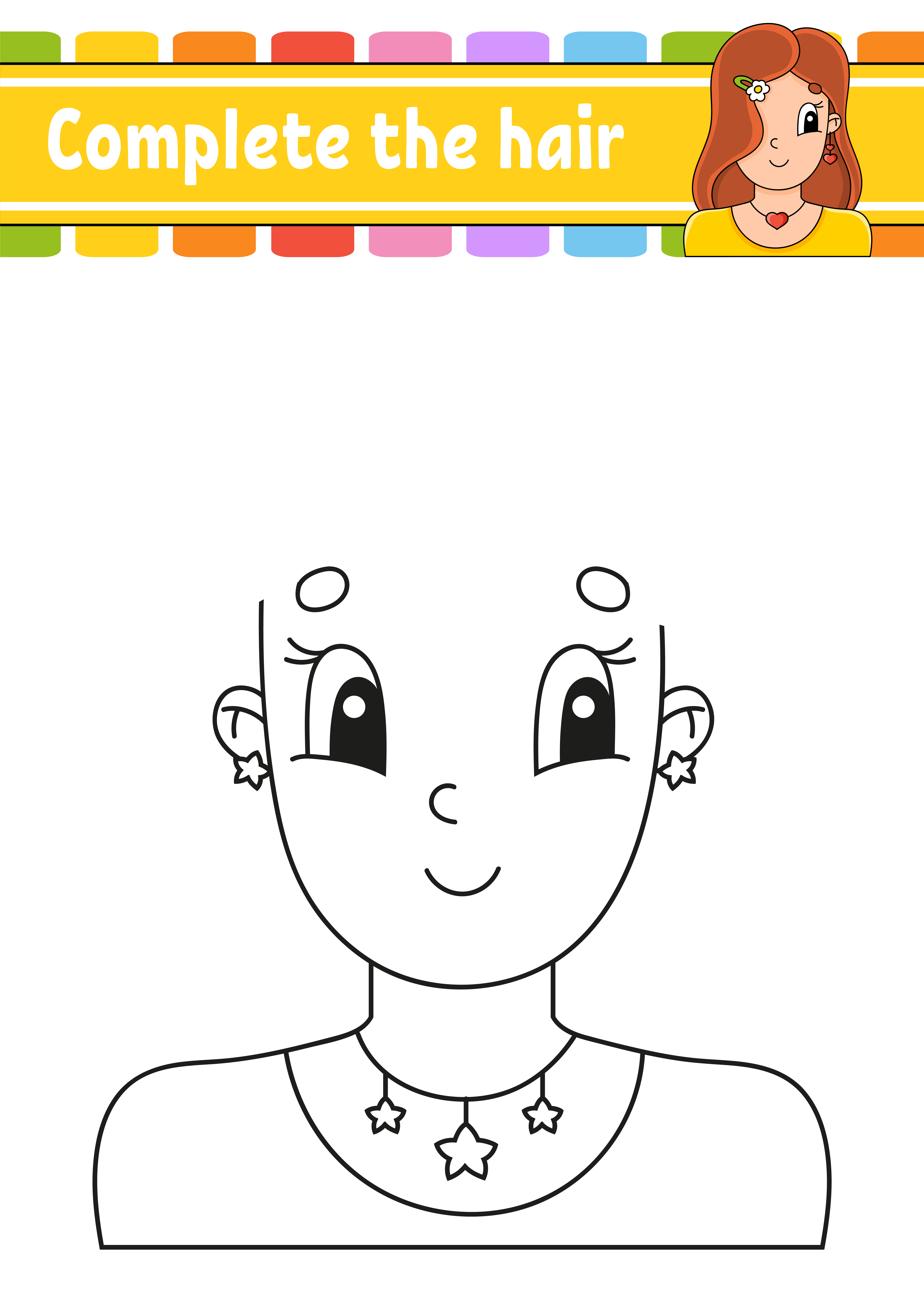 hoja de trabajo completa la imagen. dibujar el cabello. carácter alegre. ilustración vectorial. estilo de dibujos animados lindo. chica bonita. página de fantasía para niños. silueta de contorno negro. aislado sobre fondo hoja de trabajo completa la imagen. dibujar el cabello. carácter alegre. ilustración vectorial. estilo de dibujos animados lindo. chica bonita. página de fantasía para niños. silueta de contorno negro. aislado sobre fondo