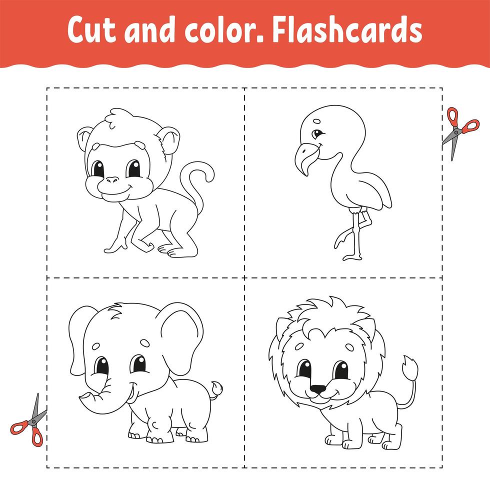 cortar y colorear. conjunto de tarjetas de memoria flash. flamenco, león, mono, elefante. libro para colorear para niños. personaje animado. lindo animal. vector