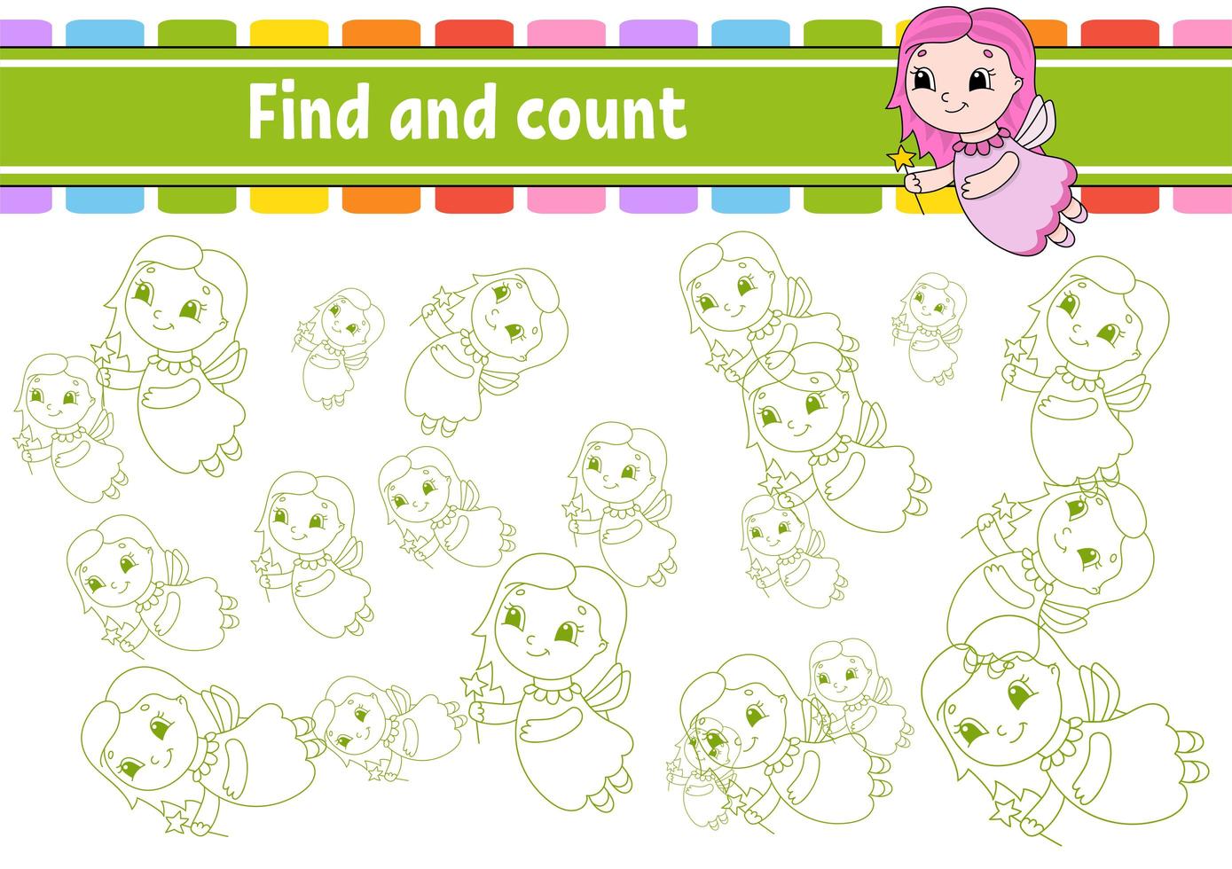 Find and count. Young fairy. Education developing worksheet. Activity page. Puzzle game for children. Logical thinking training. Isolated vector illustration. Cartoon character.