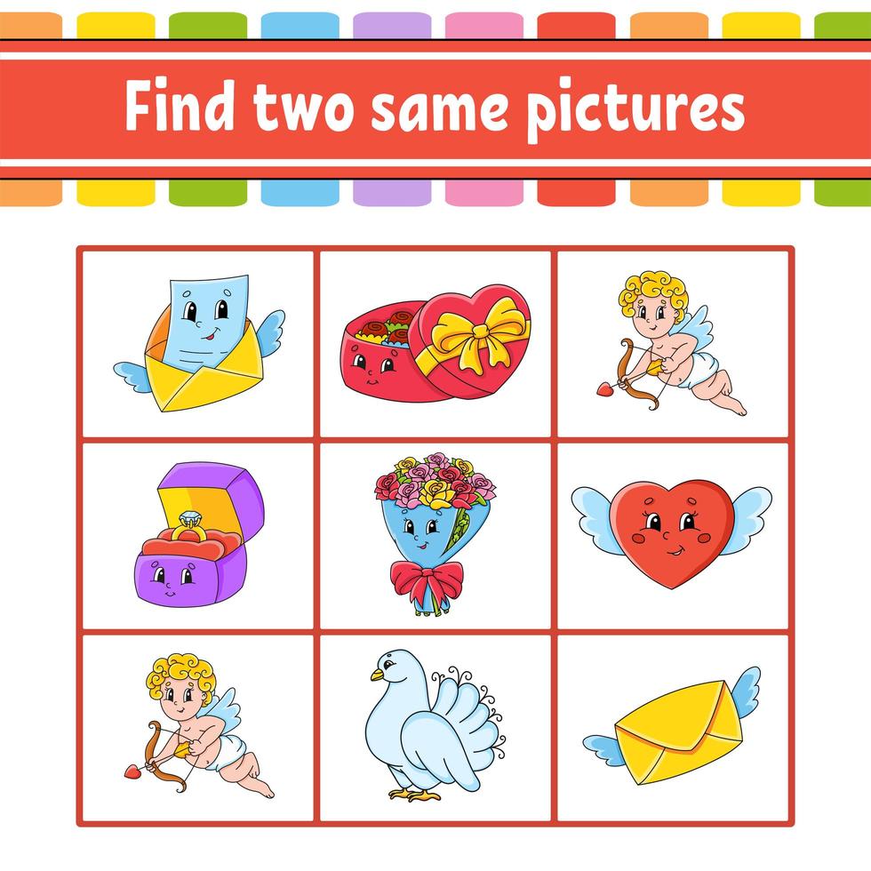 Find two same pictures. Task for kids. Education developing worksheet. Activity page. Color game for children. Funny character. Isolated vector illustration. Cartoon style. Valentine's Day.