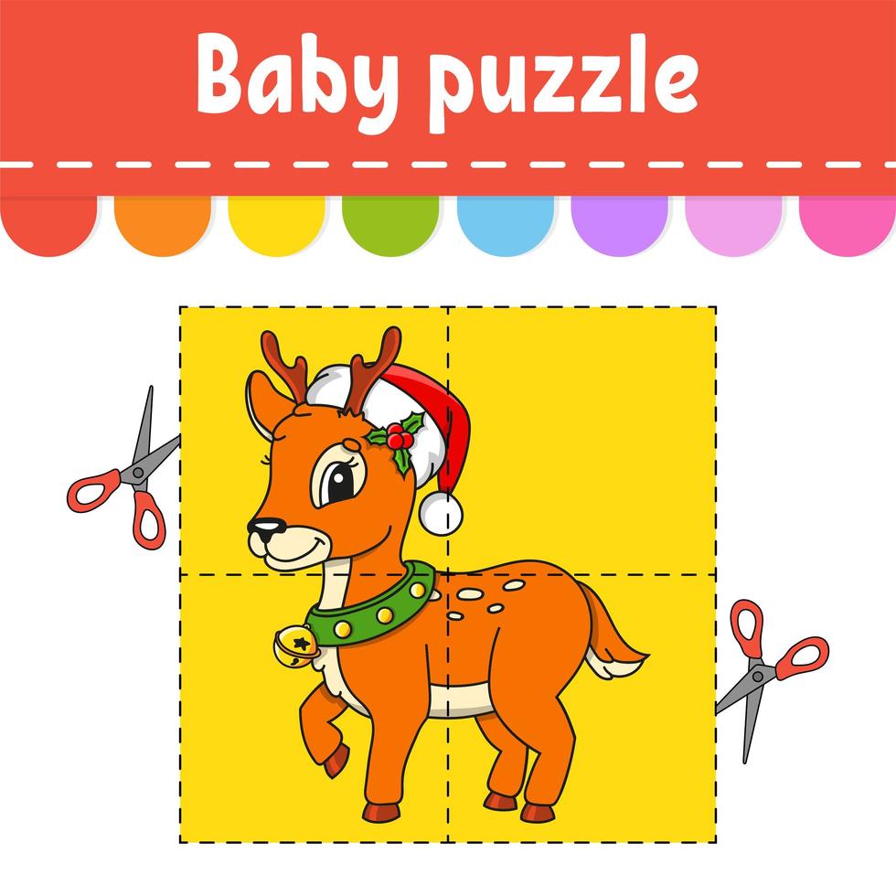 Baby puzzle. Easy level. Flash cards. Cut and play. Christmas theme. Color activity worksheet. Game for children. Cartoon character. vector