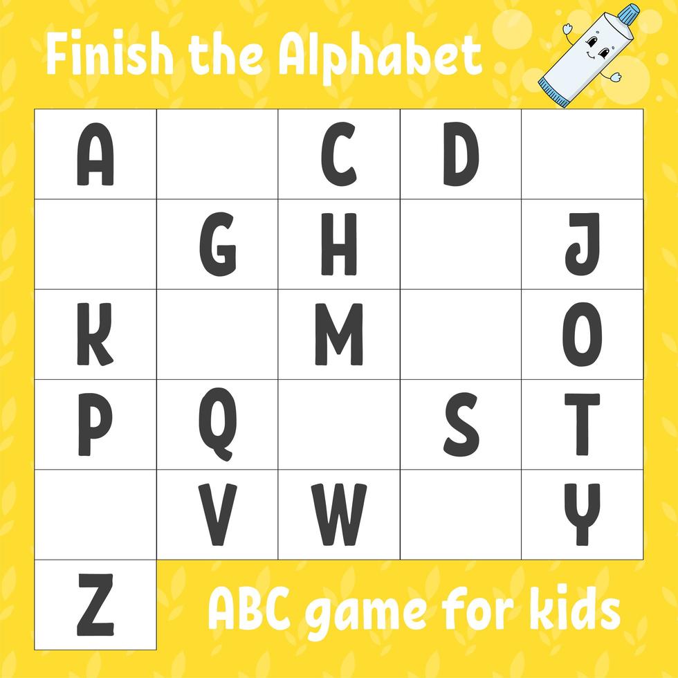 Finish the alphabet. ABC game for kids. Education developing worksheet. Learning game for kids. Color activity page. vector