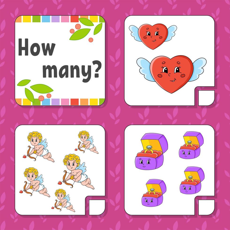 Counting game for children. Happy characters. Learning mathematics. How many object in the picture. Education worksheet. With space for answers. Isolated vector illustration in cute cartoon style.