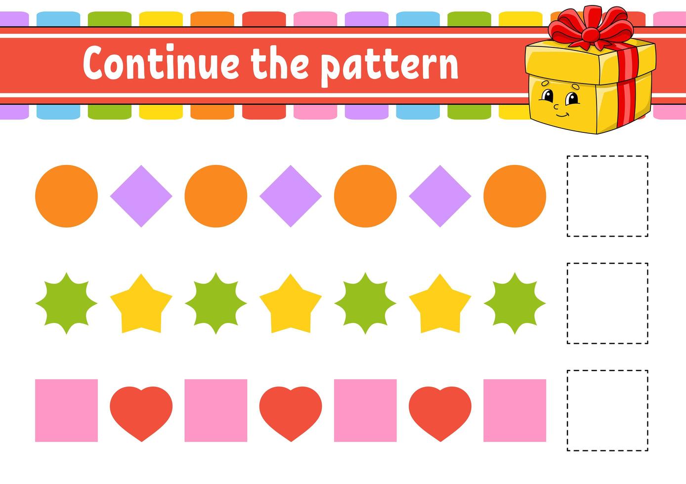 Continue the pattern. Education developing worksheet. Game for kids. Activity page. Puzzle for children. Riddle for preschool. Flat isolated vector illustration. Cute cartoon style.