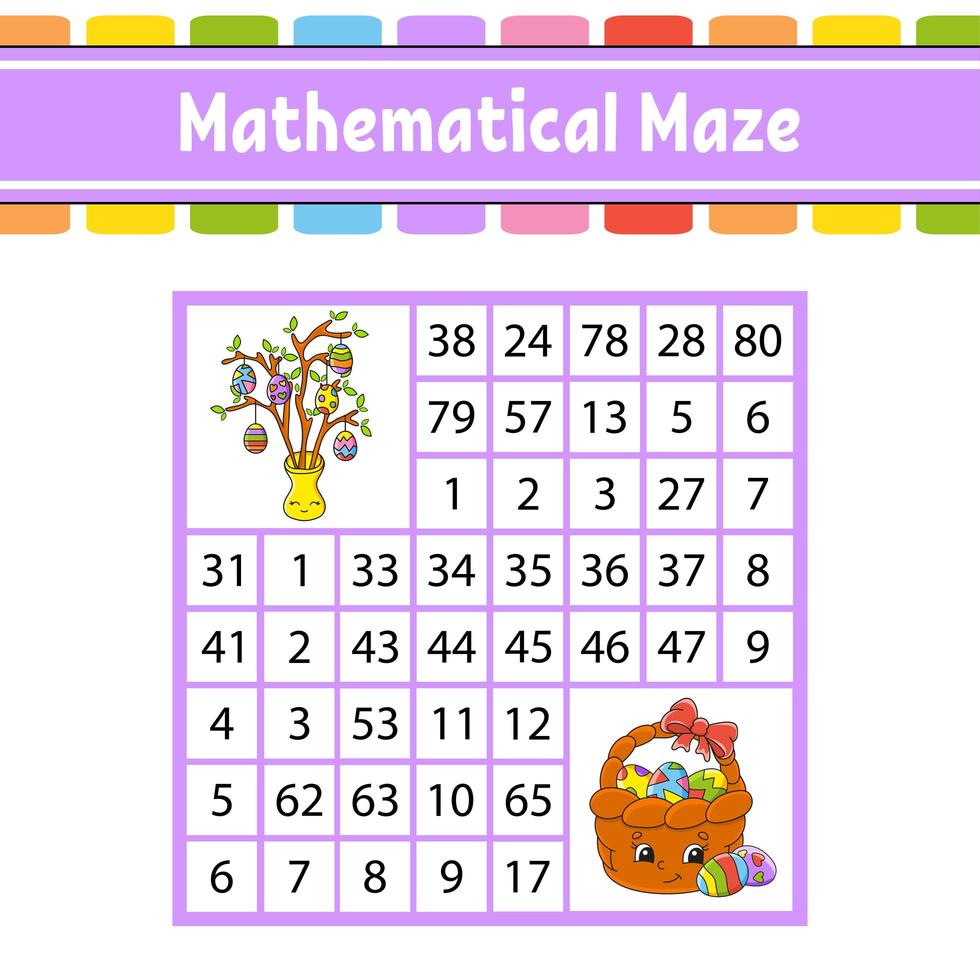 Mathematical maze. Game for kids. Number labyrinth. Education developing worksheet. Activity page. Puzzle for children. Cartoon characters. Easter theme. Color vector illustration