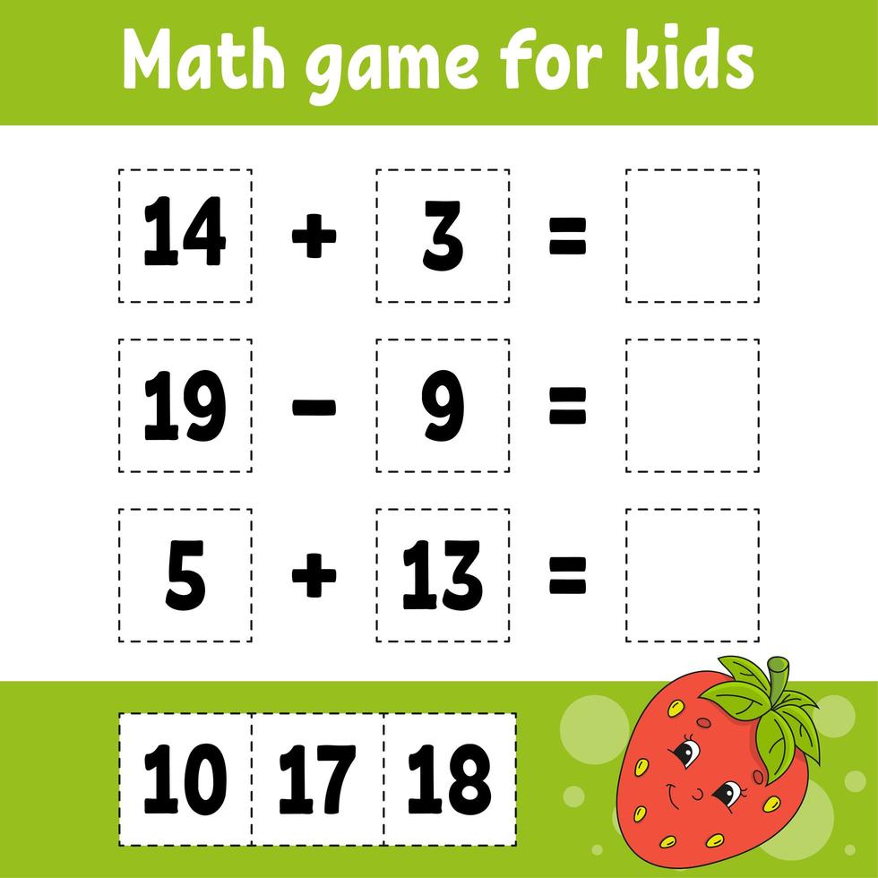 Math game for kids. Education developing worksheet. Activity page with pictures. Game for children. Color isolated vector illustration. Funny character. Cartoon style.
