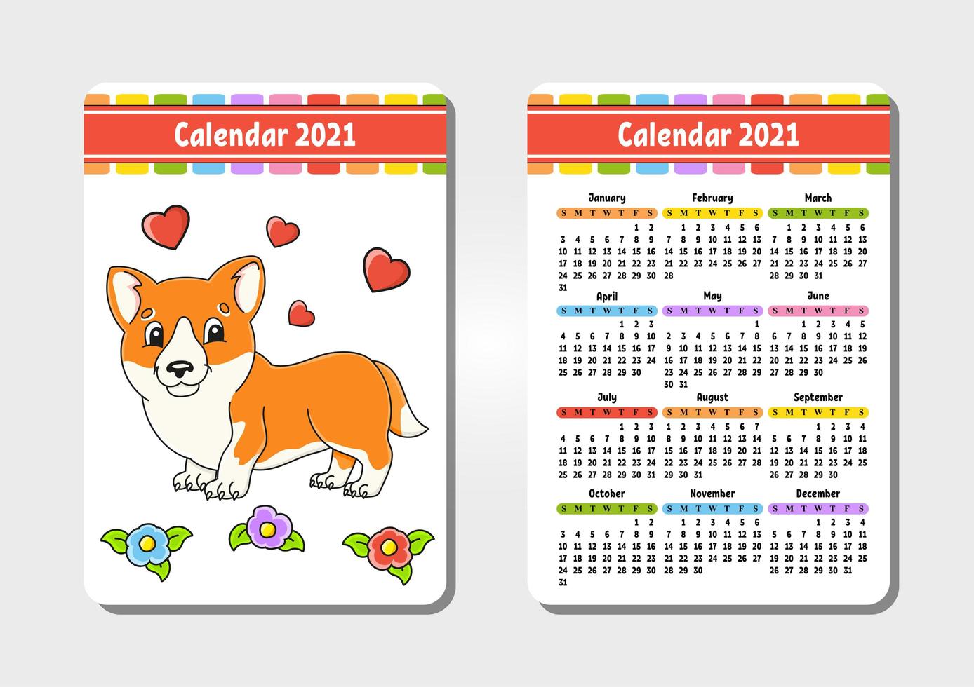 calendario para 2021 con un lindo personaje. adorable corgi. tamano de bolsillo. diseño divertido y brillante. Ilustración de vector aislado de color. estilo de dibujos animados.