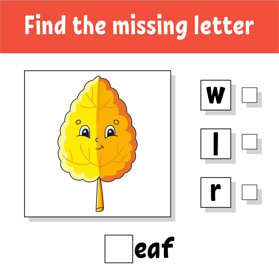 Find the missing letter. Education developing worksheet for kids. Activity page. Cartoon character. Autumn theme. vector