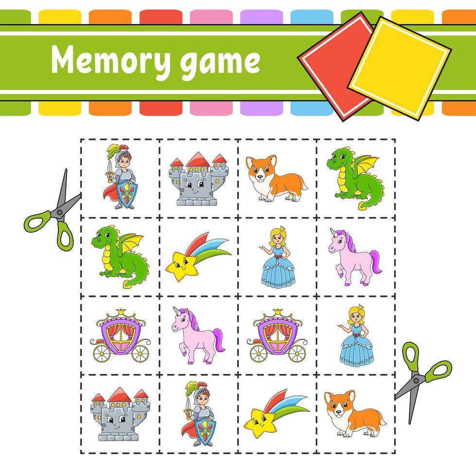 Memory game for kids. Education developing worksheet. Activity page with pictures. Puzzle game for children. Logical thinking training. Isolated vector illustration. Funny character. Cartoon style.