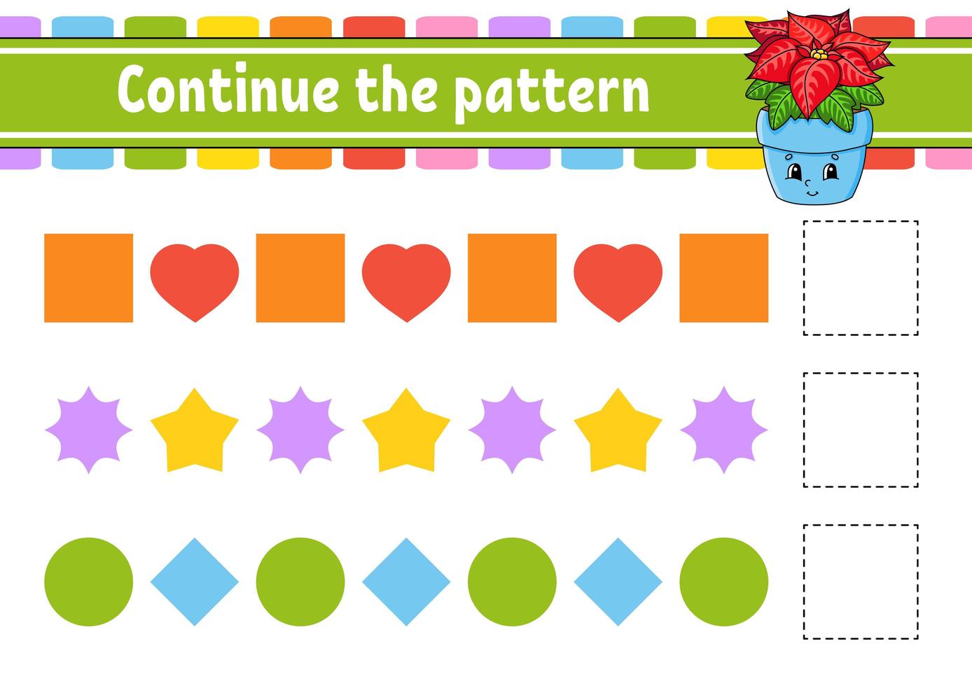 Continue the pattern. Education developing worksheet. Game for kids. Activity page. Puzzle for children. Riddle for preschool. Flat isolated vector illustration. Cute cartoon style.