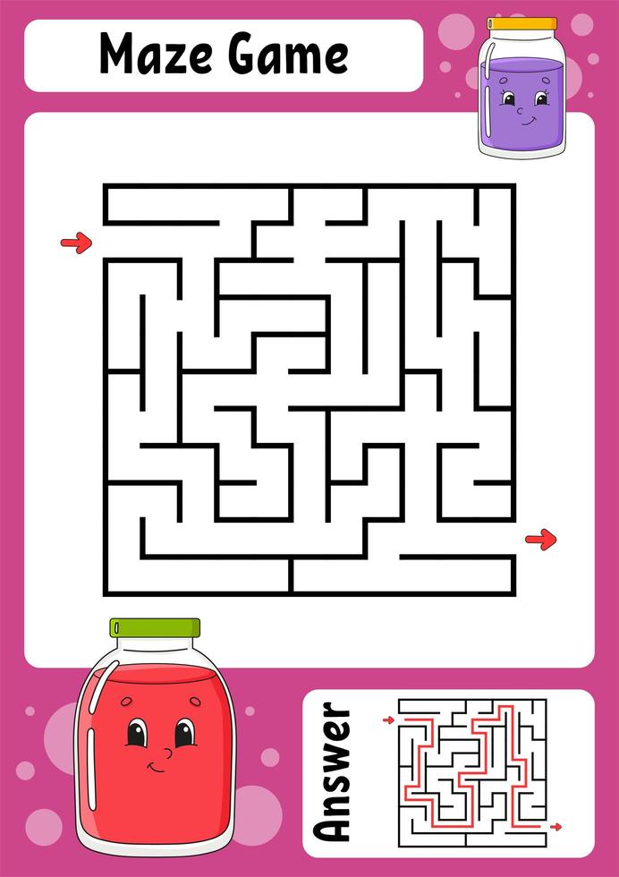 Square maze. Game for kids. Funny labyrinth. Education developing worksheet. Activity page. Puzzle for children. Cartoon style. Riddle for preschool. Logical conundrum. Color vector illustration.