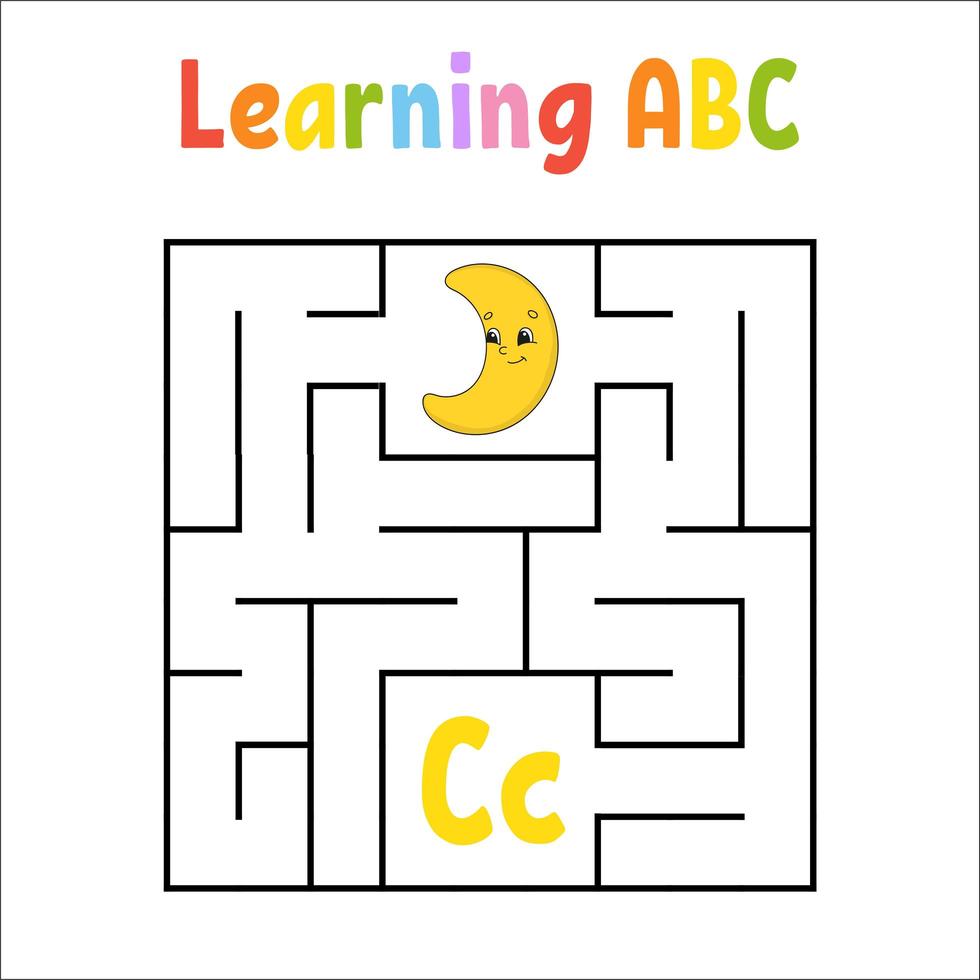 Square maze. Game for kids. Quadrate labyrinth. Education worksheet. Activity page. Learning English alphabet. Cartoon style. Find the right way. Color vector illustration.