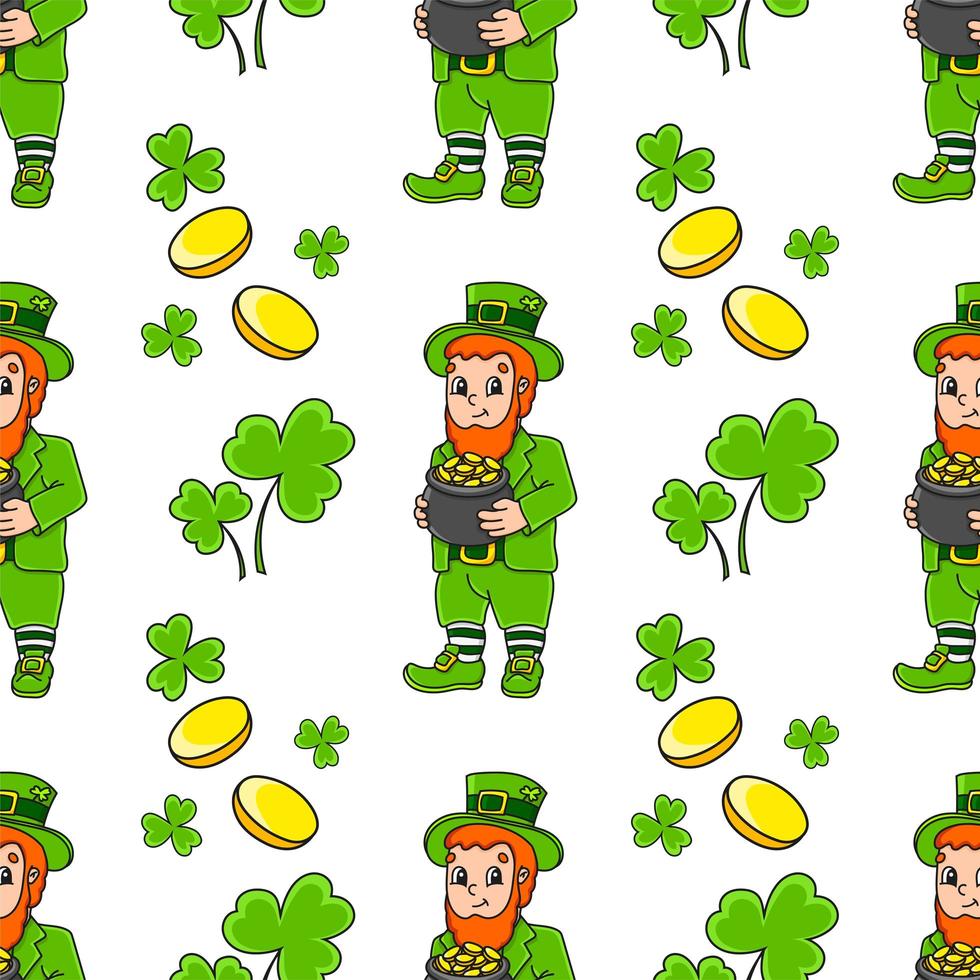 Color seamless pattern. Leprechaun with a pot of gold. St. Patrick's Day. Cartoon style. Hand drawn. Vector illustration isolated on white background.