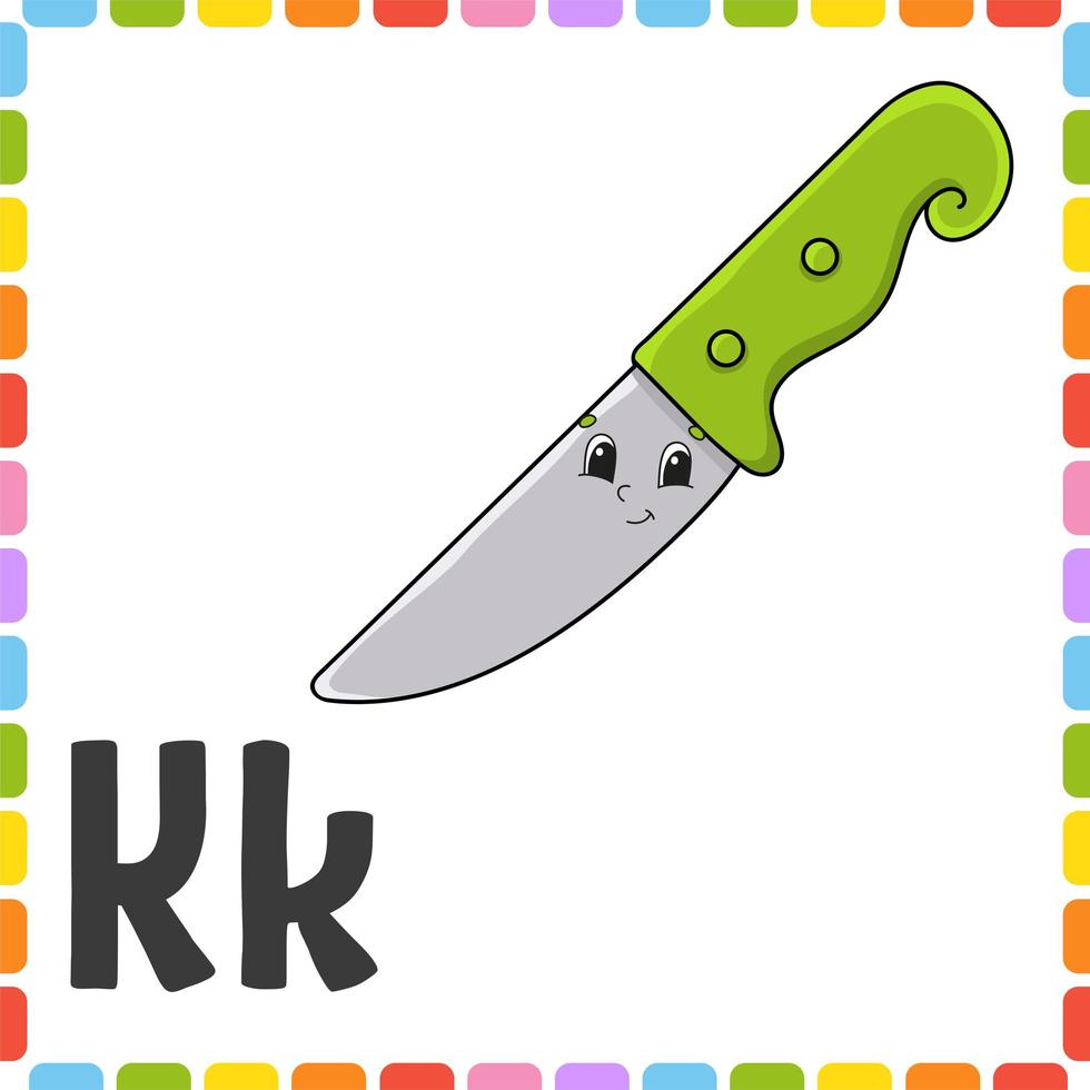 English alphabet. Letter K - knife. ABC square flash cards. Cartoon character isolated on white background. For kids education. Developing worksheet. Learning letters. Color vector illustration.