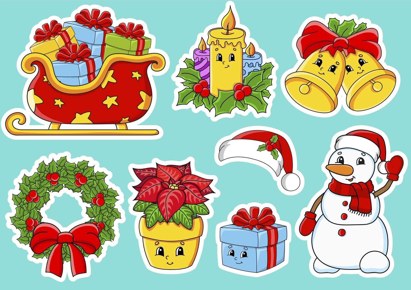 Set of stickers with cute cartoon characters. Christmas theme. Hand drawn. Colorful pack. Vector illustration. Patch badges collection. Label design elements. For daily planner, diary, organizer.