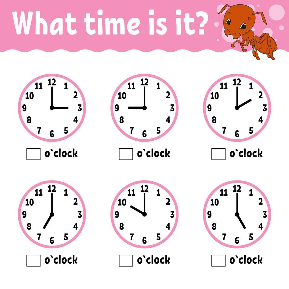 Learning time on the clock. Educational activity worksheet for kids and toddlers. Game for children. Simple flat isolated color vector illustration in cute cartoon style.